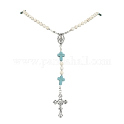 Collane di perle di rosario di magnesite sintetica, collana con pendente a croce in turchese sintetico e lega, argento antico, 23.62 pollice (60 cm)