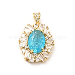 Brass Micro Pave Clear Cubic Zirconia Pendants, with Glass, Oval, Real 18K Gold Plated, Deep Sky Blue, 26x21.5x7mm, Hole: 4.5x3mm