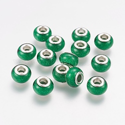 Perline europei grande foro resina rondelle, con anime in ottone placcato color argento, verde, 14x9mm, Foro: 5 mm