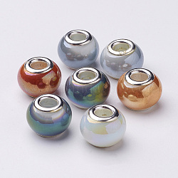 Galvanisieren Nachahmung Jade European Glas Großlochperlen, mit versilbertem Messing-Doppelkern, voll Regenbogen plattiert, großes Loch Rondell Perlen, Mischfarbe, 14~15x11 mm, Bohrung: 4.5~5 mm