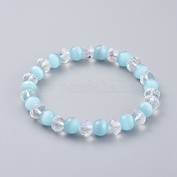 Stretch Bracelets, with Cat Eye and Glass Beads, Deep Sky Blue, 2-1/8 inch(5.5cm)