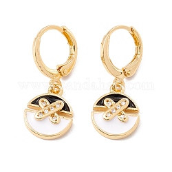 Enamel Flat Round Dangle Leverback Earrings with Clear Cubic Zirconia, Real 18K Gold Plated Brass Drop Earrings, Lead Free & Cadmium Free, Black, 26.5mm, Pin: 0.8x1mm