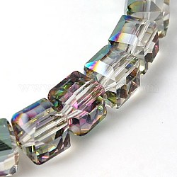 Electorplated Glass Beads, Rainbow Plated, Faceted, Cube, Aqua, 9x9x9mm, Hole: 1mm