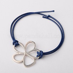 Korean Waxed Polyester Cord Bracelet Making, with Tibetan Style Alloy Findings, Flower, Antique Silver, Marine Blue, 205mm