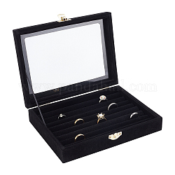 Cajas de presentación de joyería de terciopelo, estuche organizador de exhibición de aretes de anillo con ventana de vidrio y cierres de aleación de tono dorado, Rectángulo, negro, 20x15x4.6 cm, diámetro interior: 18.3x13.4 cm