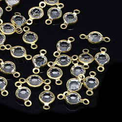 Golden Tone Brass Glass Links connectors, Faceted Flat Round, Clear, 10x4~5x2mm, Hole: 1.5mm