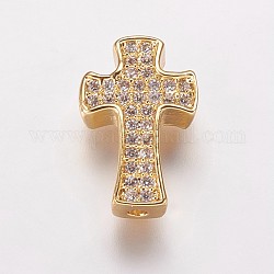 Brass Cubic Zirconia Beads, Cross, Clear, Golden, 14x9x3.5mm, Hole: 1mm