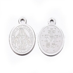 Danlingjewelry 304 breloques en acier inoxydable, ovale avec la Vierge Marie, médaille miraculeuse, couleur inoxydable, 14x9x0.8mm, Trou: 1mm