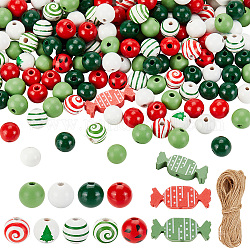 Ahadermaker DIY Weihnachtsanhänger-Dekorationsset, inklusive Juteschnüren, Natürliche Holzstreifen und Baummuster rund und Bonbonperlen, Mischfarbe, 214 Stück / Set