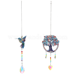 SUNNYCLUE 2Sets DIY Tree & Bird Diamond Painting Wind Chime Kits, Including Rhinestone & Acrylic Heart Bead, Diamond Sticky Pen, Tray Plate and Glue Clay, Iron Chain, Mold, Pendant and Link, Mixed Color, 1set/style
