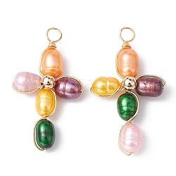 Dyed Natural Cultured Freshwater Pearl Pendants, Eco-Friendly Copper Wire Wrapped Cross Charms, Colorful, Light Gold, 32~33x18~19x7mm, Hole: 3.2mm