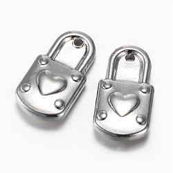 201 Stainless Steel Pendants, Padlock with Heart, Stainless Steel Color, 17x9x3.5mm, Hole: 1.5mm