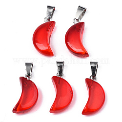 Transparent Spray Painted Glass Pendants, with Platinum Plated Brass Bails, Moon, Red, 21.5x10.5x6mm, Hole: 4mm