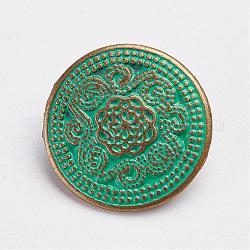 Тибетский стиль кнопки сплава хвостовиком, плоско-круглые, античная бронза и зеленая патина, 20x6 мм, отверстие : 3 мм