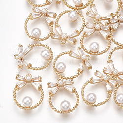 Ciondoli di zirconi in ottone, con perla in plastica imitazione abs, bowknot, vero placcato oro 18k, 15x12x5mm, Foro: 0.8 mm