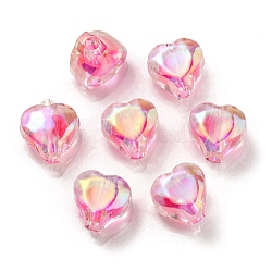 Placage uv perles acryliques irisées arc-en-ciel, perle bicolore en perle, cœur, rose foncé, 11x11.5x8mm, Trou: 3mm