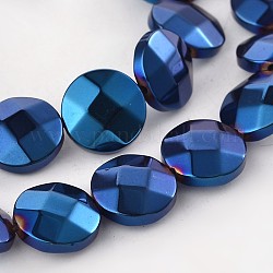 Electroplate Non-magnetic Synthetic Hematite Flat Round Bead Strands, Faceted, Blue Plated, 10x4mm, Hole: 1mm, about 37pcs/strand, 15.35 inch
