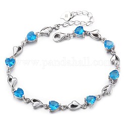Herz Zirkonia Armband für Mädchen Frauen, Messing Gliederarmband, Himmelblau, Platin Farbe