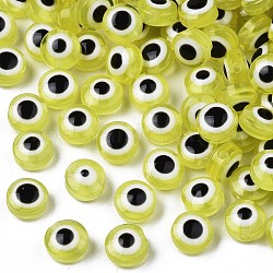 Abalorios de resina transparentes, plano y redondo con mal de ojo, amarillo, 6x3.5mm, agujero: 1.2 mm