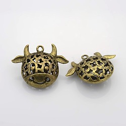 Creux pendentifs en alliage d'animaux de style tibétain, vache, sans nickel, bronze antique, 30x39x15mm, Trou: 2mm