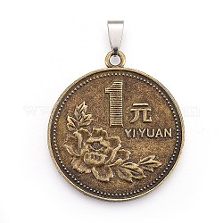 Estilo tibetano colgantes monedas de aleación, con fornituras de acero inoxidable, plano y redondo, bronce antiguo y color acero inoxidable, 42x37.5x2mm, agujero: 3x7 mm