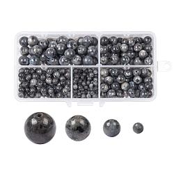 340 pièce de perles de larvikite naturelles de 4 tailles, ronde, 4mm / 6mm / 8mm / 10mm, Trou: 0.8~1mm
