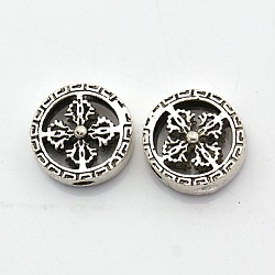 Brass Beads, Flat Round with Cross, Antique Silver, 16.5x5mm, Hole: 3mm