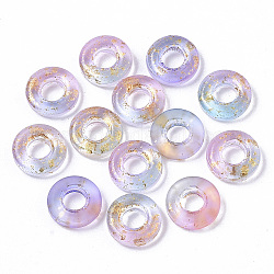 Perlas de vidrio pintado en aerosol transparente, Abalorios de grande agujero, con la hoja de oro, buñuelo, lila, 10x3mm, agujero: 4 mm