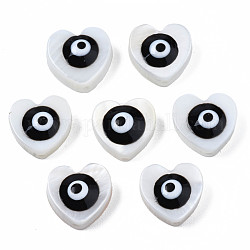 Perles de coquillages naturels d'eau douce, avec l'émail, coeur avec le mauvais œil, noir, 9~10x9.5~11x4mm, Trou: 0.8mm