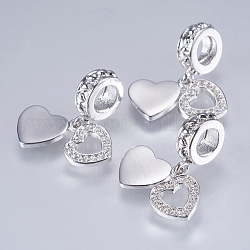 Charms pendenti europei in ottone con zirconi cubici, cuore, platino, 20mm, Foro: 4 mm, ciondoli:8x8~9x1mm