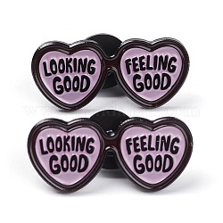 Alloy Enamel Brooches, Enamel Pin, with Plastic Clutches, Heart Spectacles with Word Looking Good Feeling Good, Electrophoresis Black, Pink, 13x29.5x11mm