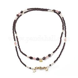 2Pcs 2 Style Natural Garnet & Cherry Quartz Glass Beaded Necklaces Set with 304 Stainless Steel Star & Lotus Charms, Gemstone Necklace with Brass Magnetic Clasps for Women, Golden, 46.65 inch(118.5cm), 1Pc/style