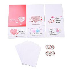 Rectangle Paper Greeting Cards, with Rectangle Envelope and Flat Round Self Adhesive Paper Stickers, Valentine's Day Wedding Birthday Invitation Card, Heart Pattern, 198x149x0.3mm