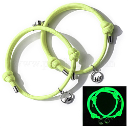 2pcs magnetische runde & Berglegierungs-Charme-Armband-Set, leuchtende Nylonkordel verstellbare Paar passende Armbänder für Liebhaber der besten Freunde, grün gelb, Innendurchmesser: 2-1/2~4-7/8 Zoll (6.5~12.5 cm)