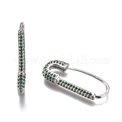 Pendientes de aro de latón, con diamante de imitación, forma de pasador de seguridad, Platino, verde, 26~26.5x10~11x3mm, pin: 0.8 mm
