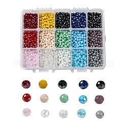 Perles de verre galvanisées 15 couleurs, couleur unie opaque, de couleur plaquée ab , facette, rondelle, couleur mixte, 4x3mm, Trou: 0.4mm, 15 couleurs, 200 pcs / couleur, 3000 pcs / boîte