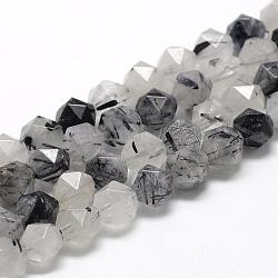 Chapelets de perles en quartz rutile noir naturel, étoiles coupées perles rondes, facette, 8~10x7~8mm, Trou: 1mm, Environ 48 pcs/chapelet, 15.3 pouce