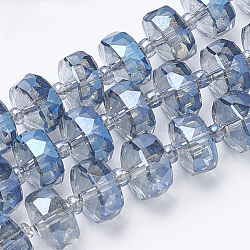 Hilos de perlas de vidrio electroplat, arco iris chapado, facetados, rerondana plana, azul aciano, 8x5mm, agujero: 1.2 mm, aproximamente 80 pcs / cadena, 22.83 pulgada
