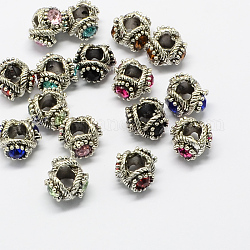 Perles européennes en alliage avec strass, Perles avec un grand trou   , argent antique, couleur mixte, 12x13x8~9mm, Trou: 5mm