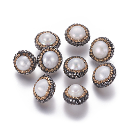 Natural Cultured Freshwater Pearl Beads, with Polymer Clay Rhinestone, Flat Round, Black, 14~16x10~13mm, Hole: 0.8mm