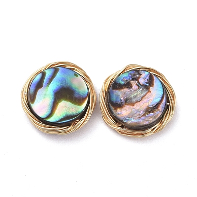 Cabochon rotondi piatti avvolti in filo di rame con conchiglia di abalone/conchiglia di paua&nbsp;PALLOY-JF00418-01-1
