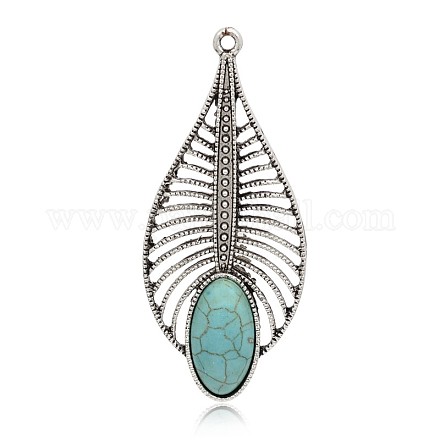 Antique Silver Plated Leaf Alloy Synthetic Turquoise Big Pendants PALLOY-J654-01AS-1