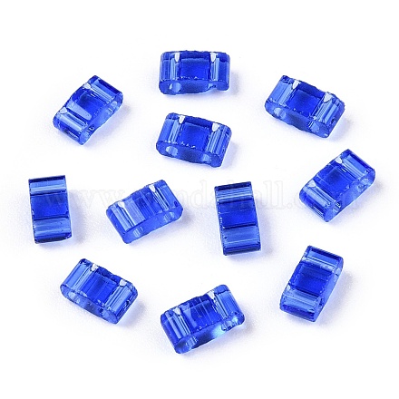 2ホールガラスシードビーズ  透明色  長方形  ブルー  4.5~5.5x2x2~2.5mm  穴：0.5~0.8mm SEED-T003-01B-08-1
