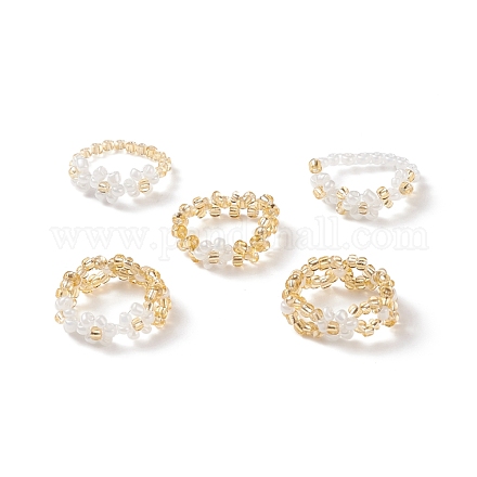 5 pièces 5 anneaux extensibles de fleurs tressées en graines de verre de style pour les femmes RJEW-JR00492-1
