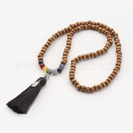 Colliers de perles de mala en bois bouddhiste NJEW-JN01760-1