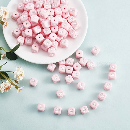 20Pcs Pink Cube Letter Silicone Beads 12x12x12mm Square Dice Alphabet Beads with 2mm Hole Spacer Loose Letter Beads for Bracelet Necklace Jewelry Making JX435R-1