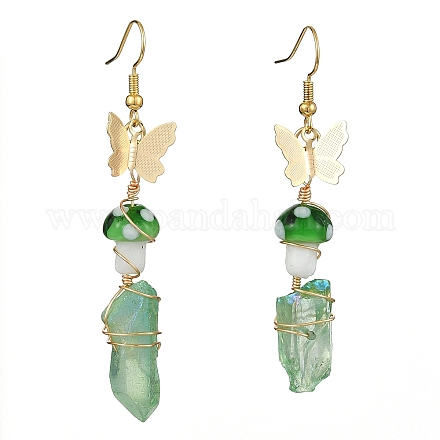 Dyed Natural Quartz Crystal Nugget & Mushroom Lampwork Dangle Earrings EJEW-TA00335-04-1