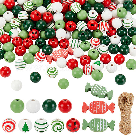 Ahadermaker diy クリスマスペンダント装飾作成キット  ジュートコードを含む  天然木ストライプ＆ツリー柄ラウンド＆キャンディビーズ  ミックスカラー  214個/セット DIY-GA0005-32-1