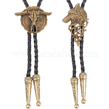 GORGECRAFT 2 Styles Leather Bolo Tie Necktie Horse Cow Wolf Chain Western Cowboy Rope Cord Pendant Necklace Braided Jewelry Halloween Costume Accessories for Men Rodeo Wedding NJEW-GF0001-05-1