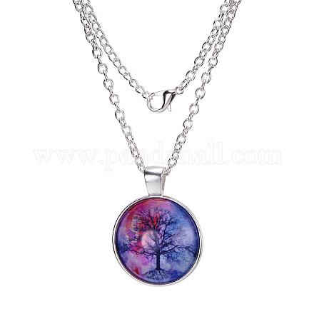 Tree Of Life Pattern Flat Round Glass Pendant Necklaces X-NJEW-N0051-048G-02-1